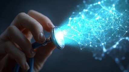Doctors Hand Holding Stethoscope with Glowing Digital Network - AI Medical Diagnosis Concept - Powered by Adobe