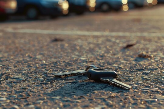Car keys lying on the ground of a parking lot with cars in the background at sunset