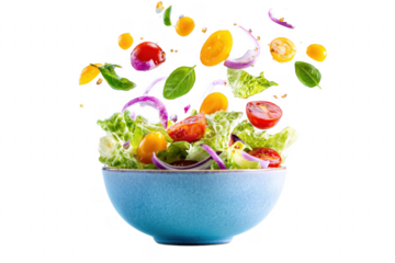 Fresh salad ingredients with flying components in a blue bowl against transparent  background