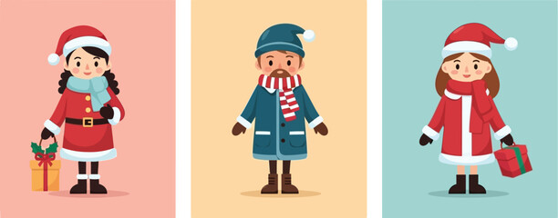 Three christmas themed illustrations of children with gifts and festive holiday attire in square frames