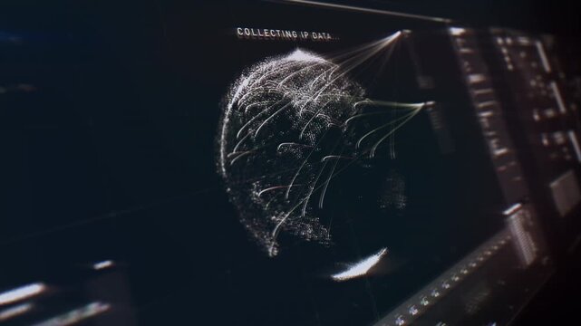 Hacker using modern ai location tracking technology. Hacking ai system scanning the earth globe to track the target position. AI hacker tracking software identifies the target ip signal address