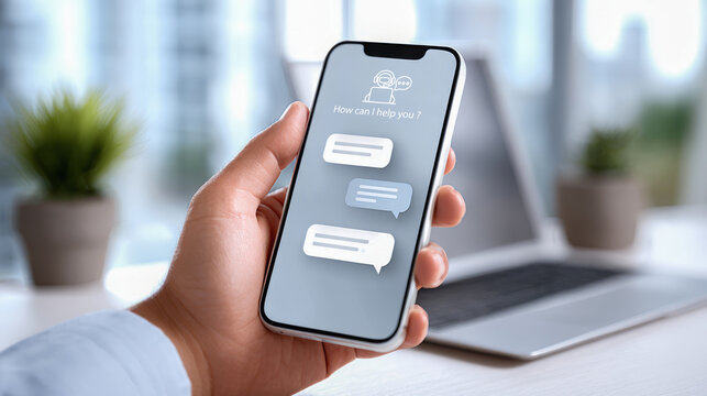 A hand holds a smartphone displaying a chatbot interface, with a focus on a support query amidst a modern workspace background. - Powered by Adobe