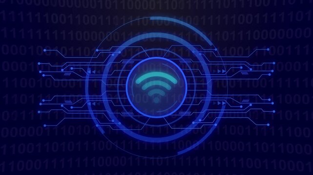 Wi- Fi Symbol Icon with Binary Code and Circuitry Background wifi wireless