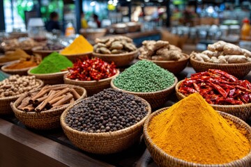 Fototapeta premium Colorful spices displayed in woven baskets at a market