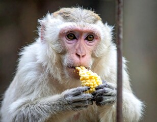 Close-up of a monkey eating corn