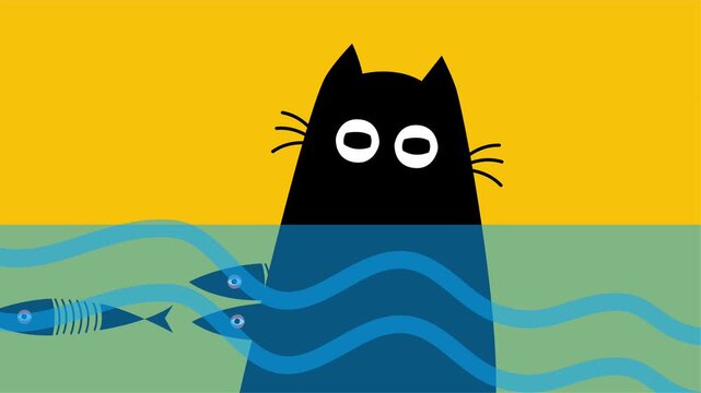 Black cat with wide eyes hiding in ocean waves