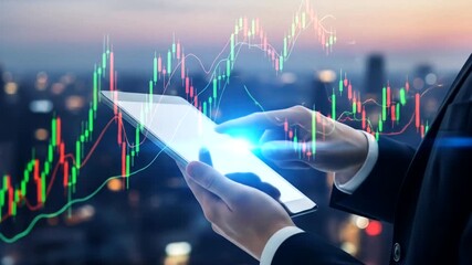 Analyzing stock market data on tablet with city skyline backdrop, financial insights and - Powered by Adobe
