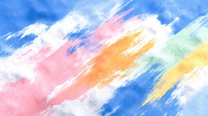 A colorful painting with a blue sky and white clouds. The colors are bright and vibrant, creating a cheerful and lively mood. The brushstrokes are visible, giving the painting a sense of movement