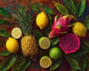Vibrant Tropical Fruit Still Life on Wooden Background