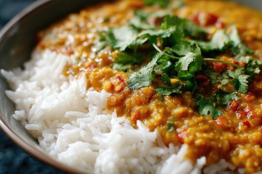 Close-up of Indian red lentil dal with basmati rice and cilantro garnish