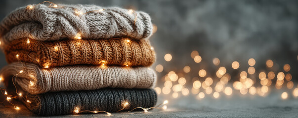 Cozy folded sweaters stacked with warm fairy lights create festive and inviting atmosphere. soft textures and glowing lights evoke sense of comfort and holiday cheer