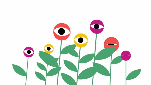 Flowers with eyeballs blooming as surreal cartoon plants illustration