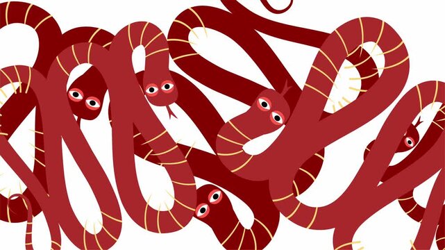 Multiple red snakes tangled together with funny cartoon faces