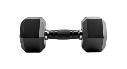 Black Rubber Hex Dumbbell for Fitness and Strength Training, Exercise Equipment Isolated, Transparent Background