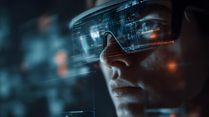 Close-up of person wearing VR glasses with digital data overlay showing virtual reality technology immersive experience and futuristic interface design
