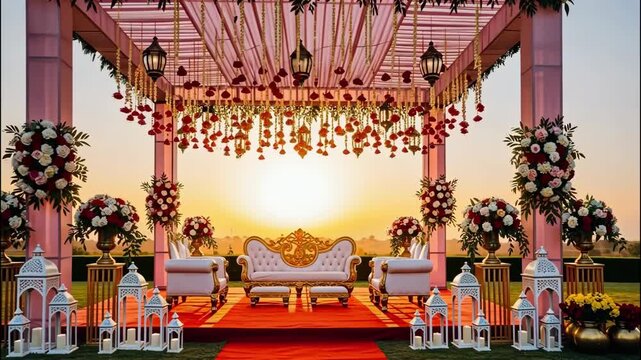 A beautifully decorated wedding mandap with flowers and lanterns, set against a stunning sunset backdrop, creating a romantic and picturesque scene for the ceremony ai generated vedio