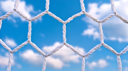 Close up of a soccer goal net against blue sky and fluffy clouds  