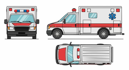 Emergency Ambulance Vehicle Illustration: Front, Side, and Top Views, Medical Transport © Nofriyan