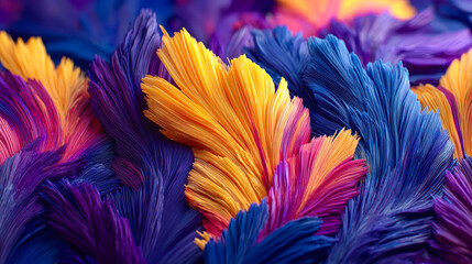 A colorful array of feathers with a mix of blue, yellow, and orange colors. The feathers are arranged in a way that creates a sense of movement and energy. The image conveys a feeling of freedom
