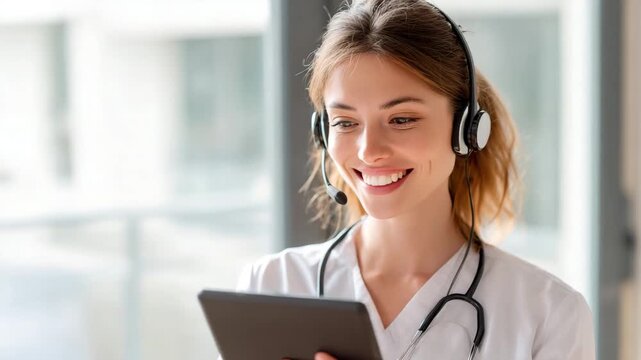 Smiling Female Healthcare Professional with Headset and Tablet for Telemedicine Consultation