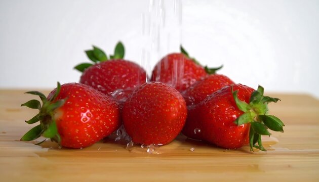 Ripe red berries being rinsed on wood - Powered by Adobe