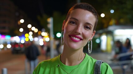 Smiling young caucasian female in green shirt at nighttime city street scene