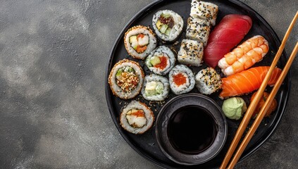 A dark platter displays an assortment of sushi rolls, nigiri, and sashimi, accompanied by soy sauce, wasabi, and chopsticks on a textured grey surface