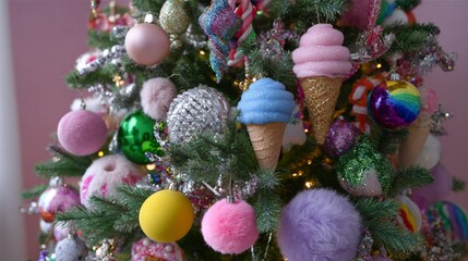 Vibrant christmas tree decorated with ice cream cones and colorful ornaments