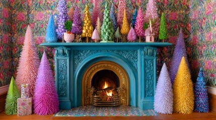 Vibrant multicolored festive scene with unique fir trees and ornate fireplace