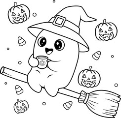 Ghost wearing a witch hat sitting on a broomstick on Halloween. For coloring.