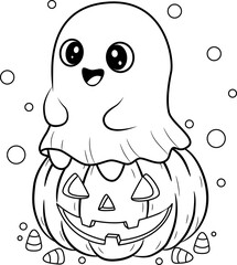 Ghost sitting on a pumpkin on Halloween. Transparent background.