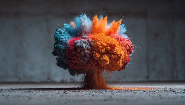 Vibrant multicolored powder explosion forming a cloud against a muted gray background, with a small pile of powder at its base