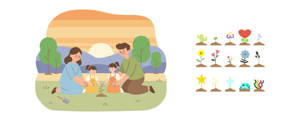 Family Planting a Seedling Together Outdoors - Flat Design Vector for Cooperation and Relationships