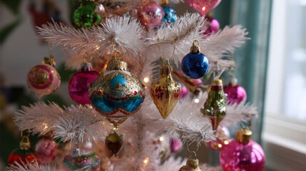 Vibrant ornaments on white christmas tree with colorful decorations