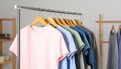 Fototapeta premium Colorful Tshirts on hangers with fashion clothes, and store rack concept.