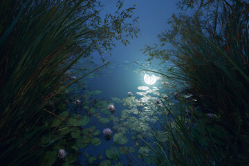 circular moon garden with reflective crescent shaped pond glowing lilies on water surface tall grasses swaying under moon breeze concept of fantasy lifestyle nature photography and garden architecture