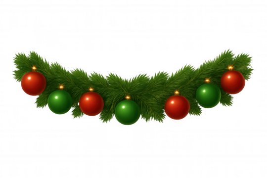 Christmas festive garland decorating with red and green baubles, holiday seasonal spruce branch border element