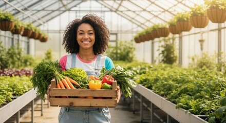 Smiling female farmer holding a crate of fresh vegetables in a greenhouse. Portrait of a young woman with her organic harvest. Local agriculture and sustainable farming concept