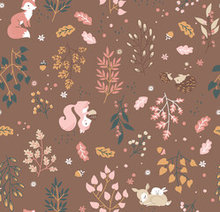 	
Forest seamless pattern with cute animals - fox, deer, squirrel, rabbit, hedgehog. A pattern of leaves and berries. 
