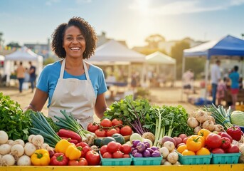 Happy African American woman vendor smiling at her farmers market stall. Portrait of a female farmer selling fresh local vegetables. Small business and healthy eating concept