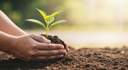 Close-up of hands holding a small green plant in soil. Growth, new life, and environmental care concept. Agriculture and farming background with copy space