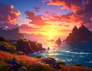 Colorful sunset over a dramatic coastline