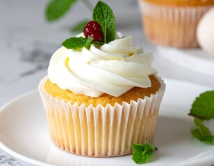 Delicate cupcake with whipped cream and berries