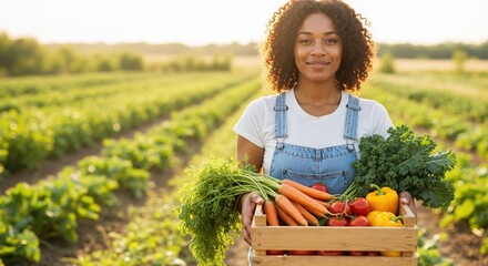 Female farmer holding a crate of fresh organic vegetables in a field. Smiling woman with a bountiful harvest. Local agriculture and healthy food concept