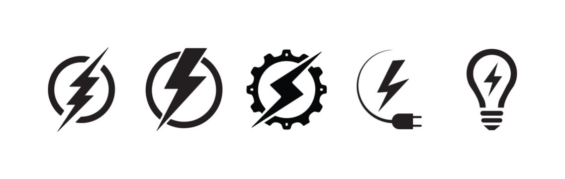 Minimalist electric energy icon set with lightning bolt, power plug, gear and light bulb symbols for technology use