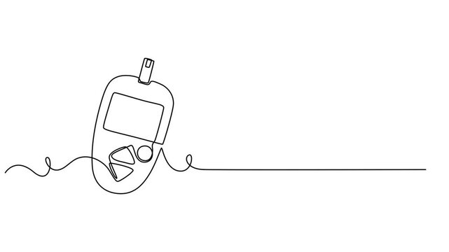sugar meter continuous one line drawing animation, One continuous line drawing of Blood glucose meter test illustration. glucometer pharmacy equipment outline, Continuous single line drawing of a gluc