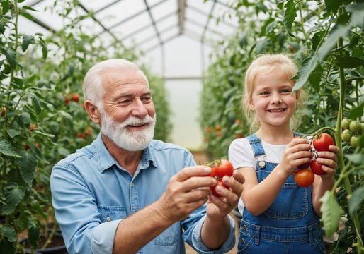 Happy grandfather and granddaughter harvesting fresh tomatoes in a greenhouse. Senior man and child gardening together. Intergenerational family bonding and healthy lifestyle concept