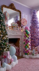 Whimsical christmas candy-themed living room with colorful decor and festive trees
