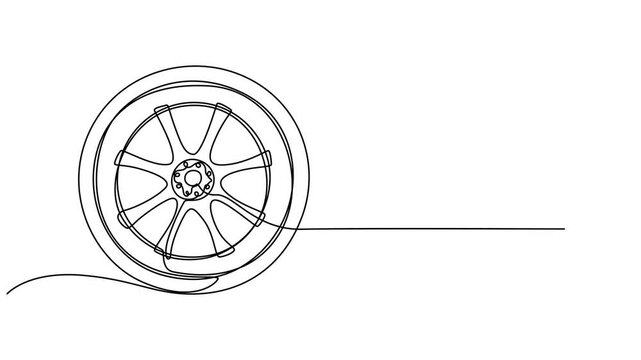 Self drawing line animation car wheel continuous line drawn concept, animation of a continuous drawing of a car tire with one line. linear video, Black and white Cartoon car tire wheels for kids This 