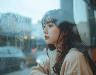 窓越しに雨を見つめる女性のポートレート